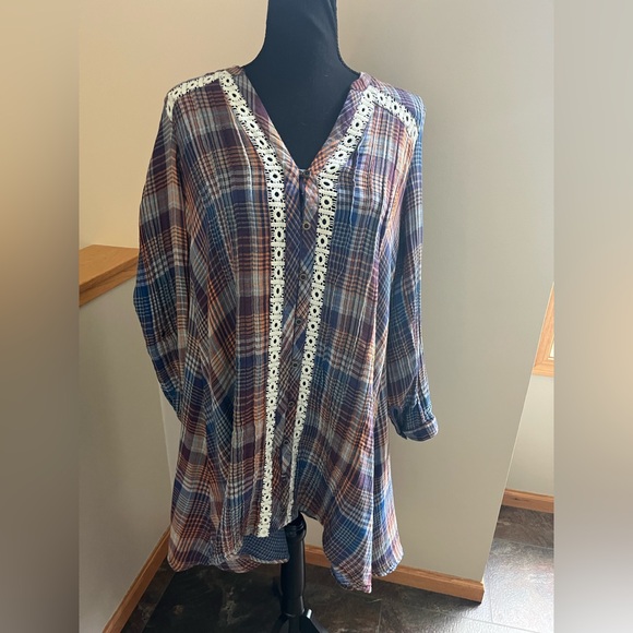 Anthropologie Holding Horses Abita plaid button lace trim shirt dress. Size XS - Picture 2 of 16